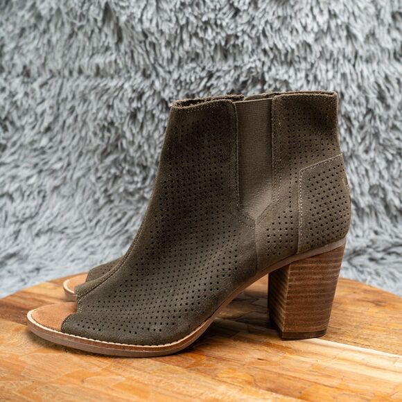 TOMS Women's Majorca Boots Size 9 Block Heel Open Toe Olive Green Suede Boho - Picture 4 of 7